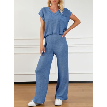 EVALESS Lounge Sets for Women Fall Two Piece Outfits Sleeveless V Neck Knit Pullover Tops and Wide Leg Pants Sweaters Sets