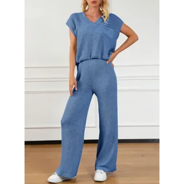 EVALESS Lounge Sets for Women Fall Two Piece Outfits Sleeveless V Neck Knit Pullover Tops and Wide Leg Pants Sweaters Sets