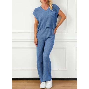 EVALESS Lounge Sets for Women Fall Two Piece Outfits Sleeveless V Neck Knit Pullover Tops and Wide Leg Pants Sweaters Sets