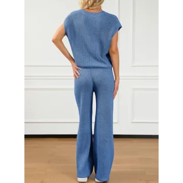 EVALESS Lounge Sets for Women Fall Two Piece Outfits Sleeveless V Neck Knit Pullover Tops and Wide Leg Pants Sweaters Sets