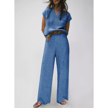 EVALESS Lounge Sets for Women Fall Two Piece Outfits Sleeveless V Neck Knit Pullover Tops and Wide Leg Pants Sweaters Sets