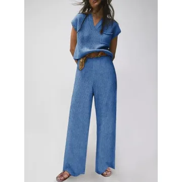 EVALESS Lounge Sets for Women Fall Two Piece Outfits Sleeveless V Neck Knit Pullover Tops and Wide Leg Pants Sweaters Sets