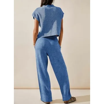 EVALESS Lounge Sets for Women Fall Two Piece Outfits Sleeveless V Neck Knit Pullover Tops and Wide Leg Pants Sweaters Sets