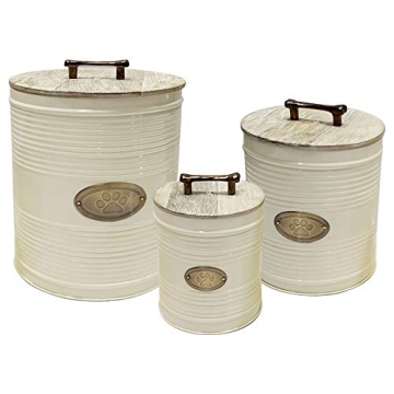 nu steel Metal Ribbed Ivory Pet Canister Set with Paw Plaque for Dog Food