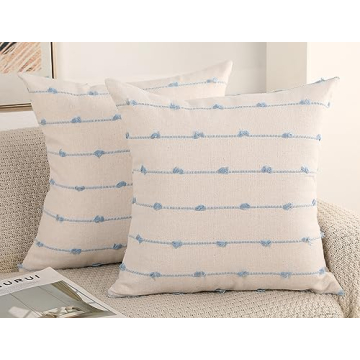 NUYECY Set of 2 Boho Throw Pillow Covers 18x18, Light Blue and White Neutral Couch Pillow Case with ...