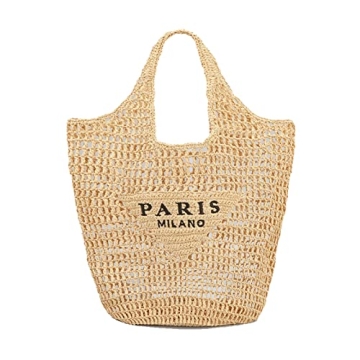POOOPSSD New Woven Bag, Straw Mesh Tote Bag, Beach, Shoulder Bag, Hobo Women, Foldable Large Capacity, for Holiday, Picnic and Party. (Khaki)