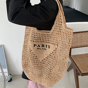 POOOPSSD New Woven Bag, Straw Mesh Tote Bag, Beach, Shoulder Bag, Hobo Women, Foldable Large Capacity, for Holiday, Picnic and Party. (Khaki)