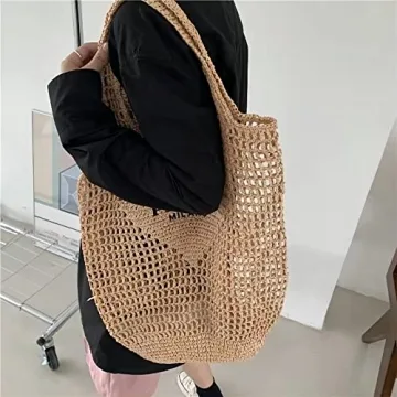 POOOPSSD New Woven Bag, Straw Mesh Tote Bag, Beach, Shoulder Bag, Hobo Women, Foldable Large Capacity, for Holiday, Picnic and Party. (Khaki)