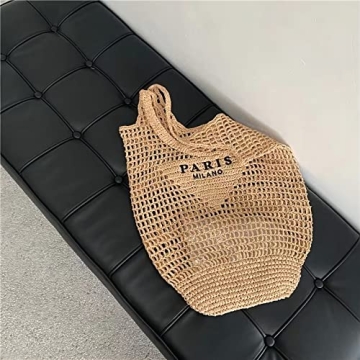 POOOPSSD New Woven Bag, Straw Mesh Tote Bag, Beach, Shoulder Bag, Hobo Women, Foldable Large Capacity, for Holiday, Picnic and Party. (Khaki)
