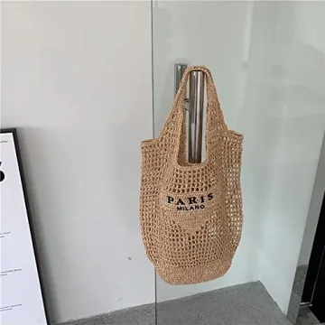 POOOPSSD New Woven Bag, Straw Mesh Tote Bag, Beach, Shoulder Bag, Hobo Women, Foldable Large Capacity, for Holiday, Picnic and Party. (Khaki)