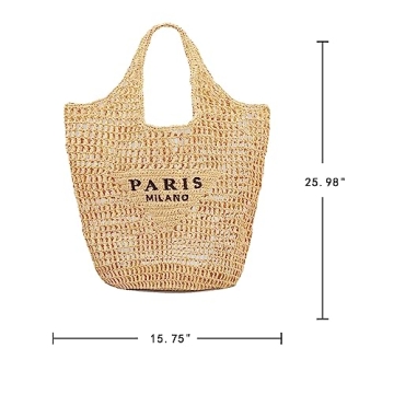 POOOPSSD New Woven Bag, Straw Mesh Tote Bag, Beach, Shoulder Bag, Hobo Women, Foldable Large Capacity, for Holiday, Picnic and Party. (Khaki)