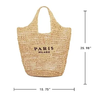 POOOPSSD New Woven Bag, Straw Mesh Tote Bag, Beach, Shoulder Bag, Hobo Women, Foldable Large Capacity, for Holiday, Picnic and Party. (Khaki)