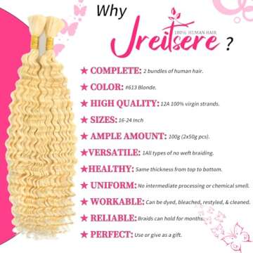 Blonde Braiding Hair 100g 18 Inch Deep Curly Wave 2 Bundles Bulk Human Hair for Braiding Brazilian Virgin Deep Braiding Hair for Boho Braids Wet and Wavy Color 613 Blonde Human Braiding Hair