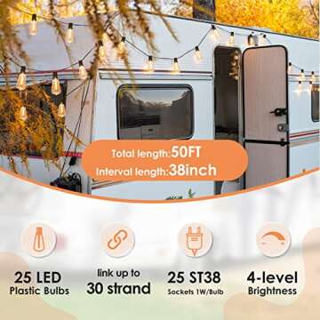 WENFENG Outdoor String Lights, 50FT 2200K LED Patio Lights with ST38 Waterproof Bulbs, Retro Connectable String Lights for Patio Backyard Balcony