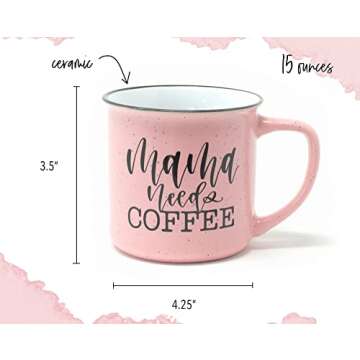 June & Lucy Mom Mug with Stylish Gift Box- Novelty Coffee Mug Mom Gifts - Cute Coffee Mugs for Women - Coffee Mug with Hand Lettering - 15 oz Microwave and Dishwasher Safe (Mama Needs Coffee)