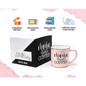 June & Lucy Mom Mug with Stylish Gift Box- Novelty Coffee Mug Mom Gifts - Cute Coffee Mugs for Women - Coffee Mug with Hand Lettering - 15 oz Microwave and Dishwasher Safe (Mama Needs Coffee)