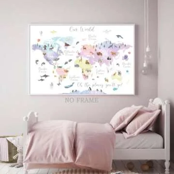 Charming Pink Animal World Map Canvas Print for Kids