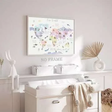Charming Pink Animal World Map Canvas Print for Kids