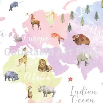 Charming Pink Animal World Map Canvas Print for Kids