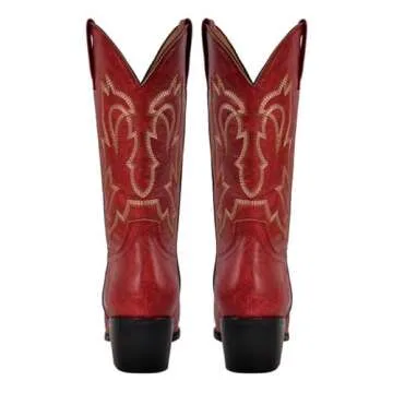 Yolkomo Cowboy Boots for Women Red Cowgirl Boots Square Toe Low Heel Distressed Western Cowgirl Boots Pointed Toe Comfortable Pull-On Leather Embroidered Red Mid-Calf Boots Size 7