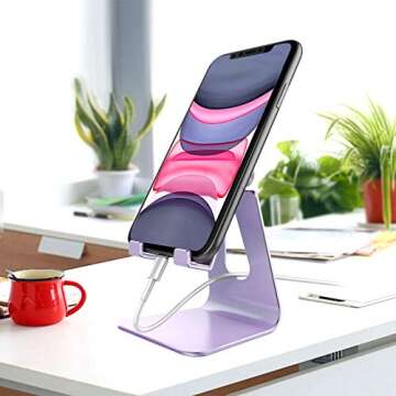 CreaDream Adjustable Cell Phone Stand, Phone Stand, Cradle, Dock, Holder, Aluminum Desktop Stand Compatible with Phone 13 12 11 Pro Max Charging, Accessories Desk, All Mobile Phones, Purple