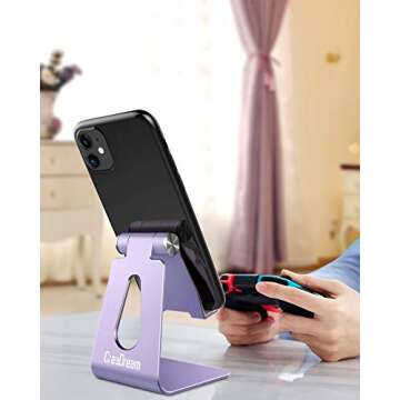 CreaDream Adjustable Cell Phone Stand, Phone Stand, Cradle, Dock, Holder, Aluminum Desktop Stand Compatible with Phone 13 12 11 Pro Max Charging, Accessories Desk, All Mobile Phones, Purple