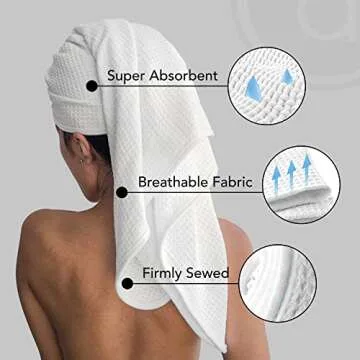 Microfiber Hair Towel Wrap for Women - Extra Large 45 x 25" Hair Towels for Long Hair – Anti Frizz Breathable Quick Dry Towel for Wet, Curly, Straight, with Elastic Loop - Waffle Knit Towels - White