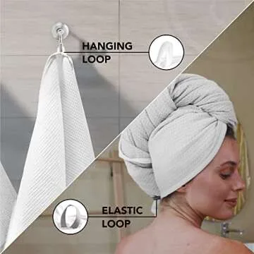 Microfiber Hair Towel Wrap for Women - Extra Large 45 x 25" Hair Towels for Long Hair – Anti Frizz Breathable Quick Dry Towel for Wet, Curly, Straight, with Elastic Loop - Waffle Knit Towels - White