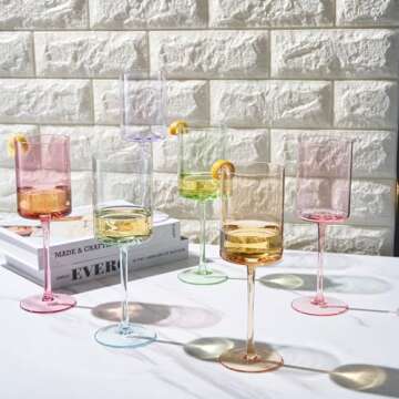 Khen Colored Square Crystal Wine Glasses Set of 6, Gift For Her, Him, Friend - Large 12 oz, Italian Style Tall Drinkware - Valentine's Day Red & White, Dinner, Color Beautiful Glassware, Stemmed Glass