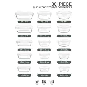 M MCIRCO 30 Pieces Glass Food Storage Containers with Upgraded Snap Locking Lids,Glass Meal Prep Con...