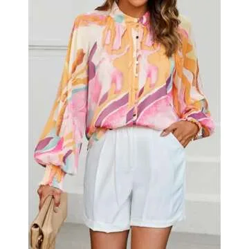 ZESICA Women's Floral Print Blouse 2025 Long Sleeve Button Down Casual Fall Boho Oversized Tops Shirts,YellowPurple,Small