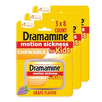 Dramamine Kids Chewable Motion Sickness Relief, Grape Flavor, 3 Pack, 8 Count