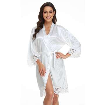 UrHot Women's Bride Bridesmaid Robe with Lace Trim Wedding Party Kimono Robes Soft Satin Bathrobe Getting Ready White