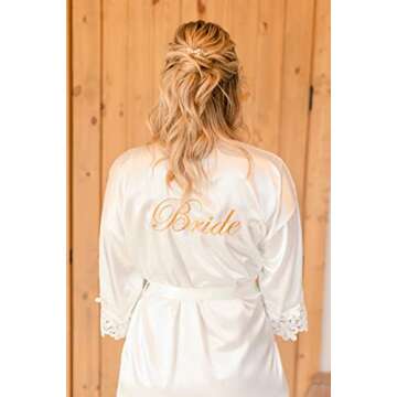 UrHot Women's Bride Bridesmaid Robe with Lace Trim Wedding Party Kimono Robes Soft Satin Bathrobe Getting Ready White
