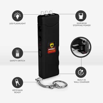 Guard Dog Hornet Micro Stun Gun Keychain with LED Flashlight and Charger, Women Self Defense - Black