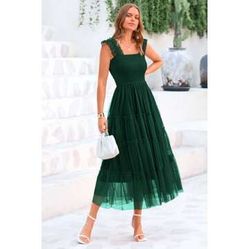 PRETTYGARDEN Women's Summer Midi Tulle Dress Sleeveless Smocked Square Neck Ruffle Flowy Party Wedding Guest Sundress (Dark Green,Small)