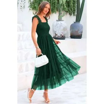 PRETTYGARDEN Women's Summer Midi Tulle Dress Sleeveless Smocked Square Neck Ruffle Flowy Party Wedding Guest Sundress (Dark Green,Small)