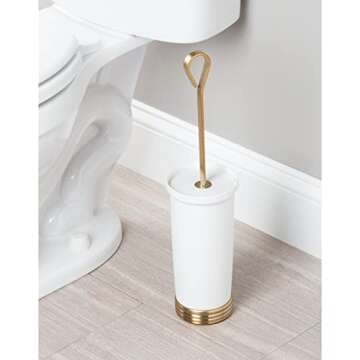 mDesign Compact Freestanding Plastic Toilet Bowl Brush and Holder for Bathroom Storage, Decorative Steel Handle and Base, Non-Skid - Sturdy, Deep Cleaning - White/Soft Brass
