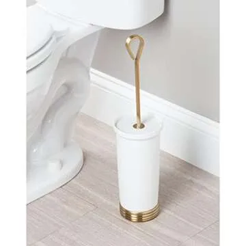 mDesign Compact Freestanding Plastic Toilet Bowl Brush and Holder for Bathroom Storage, Decorative Steel Handle and Base, Non-Skid - Sturdy, Deep Cleaning - White/Soft Brass