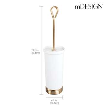 mDesign Compact Freestanding Plastic Toilet Bowl Brush and Holder for Bathroom Storage, Decorative Steel Handle and Base, Non-Skid - Sturdy, Deep Cleaning - White/Soft Brass