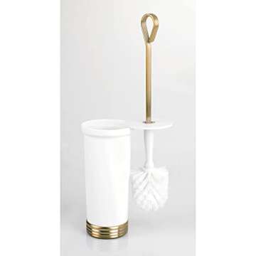 mDesign Compact Freestanding Plastic Toilet Bowl Brush and Holder for Bathroom Storage, Decorative Steel Handle and Base, Non-Skid - Sturdy, Deep Cleaning - White/Soft Brass