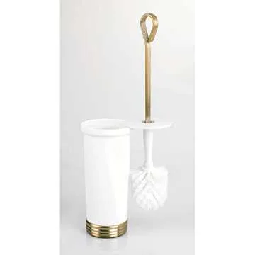 mDesign Compact Freestanding Plastic Toilet Bowl Brush and Holder for Bathroom Storage, Decorative Steel Handle and Base, Non-Skid - Sturdy, Deep Cleaning - White/Soft Brass