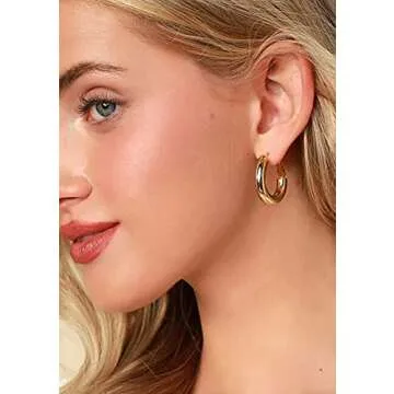 sovesi Chunky Gold Hoop Earrings for Women, 14K Real Gold Plated Gold Hoops Earrings, Hollow Tube Thick Gold Hoop Earrings