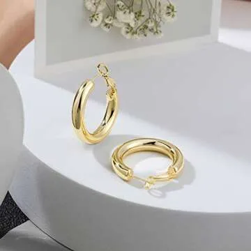 sovesi Chunky Gold Hoop Earrings for Women, 14K Real Gold Plated Gold Hoops Earrings, Hollow Tube Thick Gold Hoop Earrings