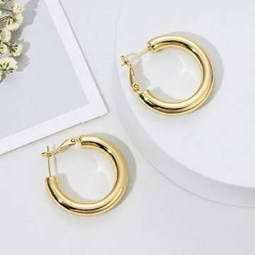 sovesi Chunky Gold Hoop Earrings for Women, 14K Real Gold Plated Gold Hoops Earrings, Hollow Tube Thick Gold Hoop Earrings
