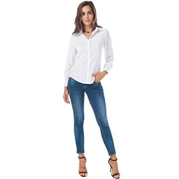 Atnlewhi Women Basic Long Sleeve Button Down Shirts Simple Pullover, White, M