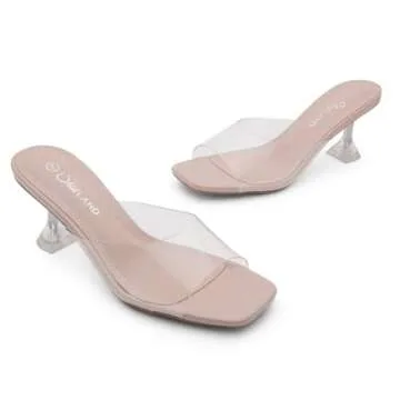 Shoe Land Celebrate Women's Clear Low Heels Stiletto Slides, Square Open Toe One Band Slip-On Heeled Mules, Clear Heeled Dress Sandals for Prom Wedding and Party, ClearNude, Size 11.0