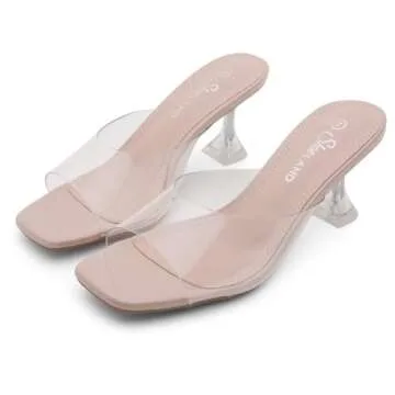 Shoe Land Celebrate Women's Clear Low Heels Stiletto Slides, Square Open Toe One Band Slip-On Heeled Mules, Clear Heeled Dress Sandals for Prom Wedding and Party, ClearNude, Size 11.0
