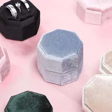 WantGor Velvet Ring Box, 3 Slots Jewelry Ring Gift Box Vintage Ring Display Holder Case for Wedding Ceremony Proposal Engagement (Blue)