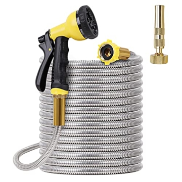 FOXEASE Metal Garden Hose 50FT - Stainless Steel Heavy Duty Water Hose with Metal Nozzle & 8 Functio...